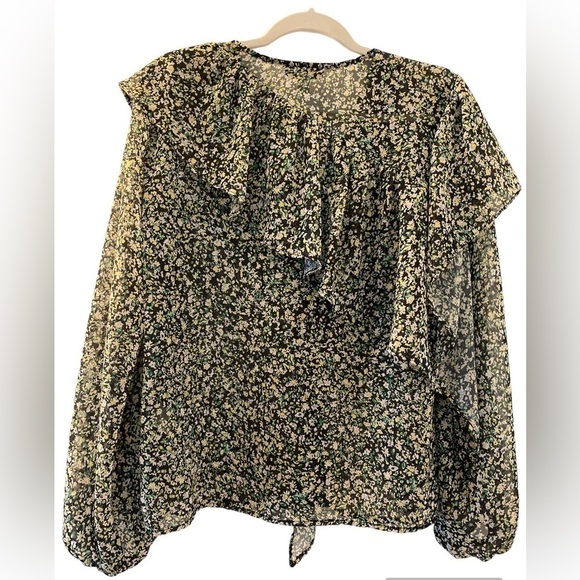 TOPSHOP top, black with floral green and rose Asymmetrical ruffles front to back - Picture 3 of 7